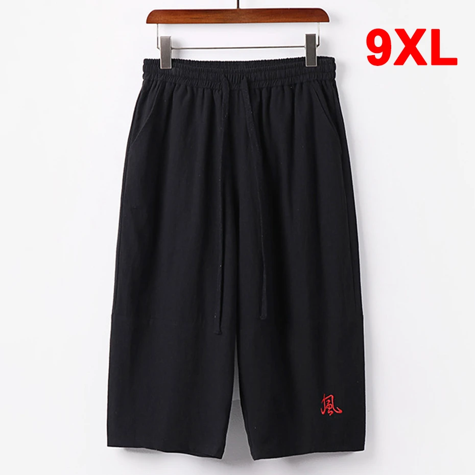 Linen Pants Men Plus Size 9XL Calf-length Pants Chinese Embroidery Design Fashion Casual Wide Leg Pants Male