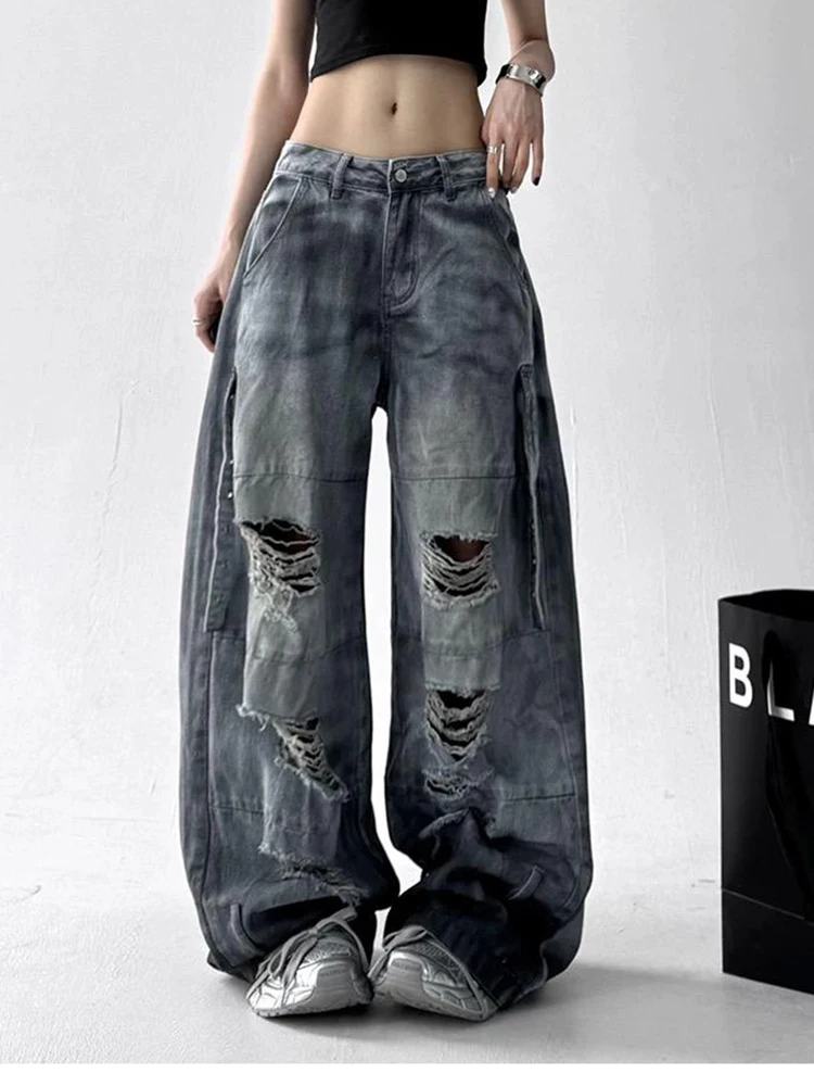 

Summer Jeans for Women Distressed Tiedye Wide Leg Pants Abandoned Soil Vintage Workwear Loose Retro Denim Trousers