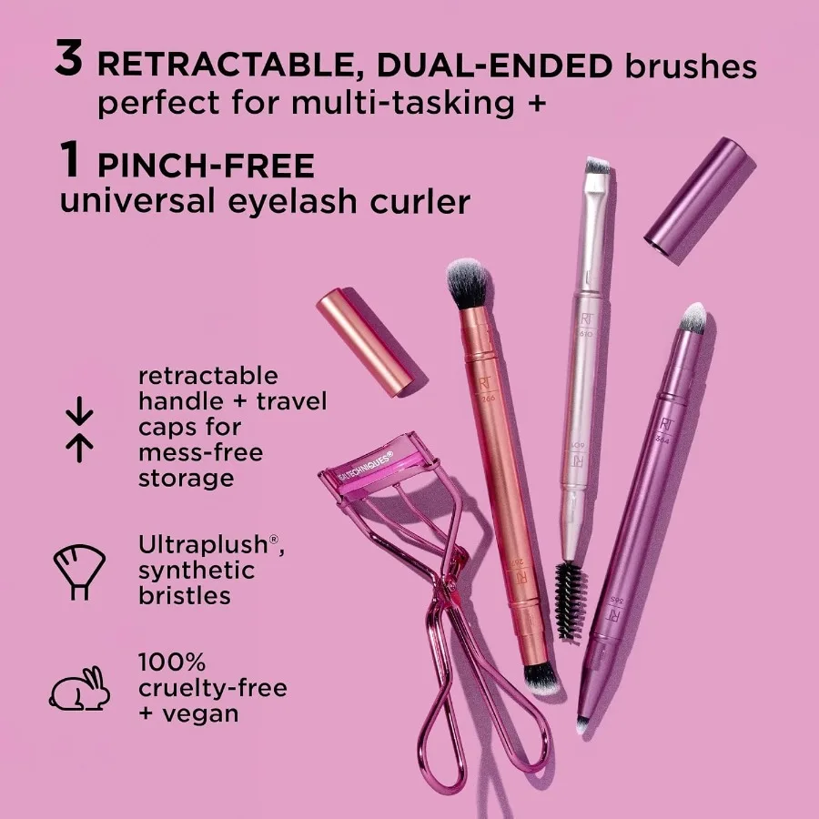 Zestaw 4 pędzli do makijażu oczu Double Time Brush + Lash, dwustronne pędzle do cieni i brwi, podróżne nakładki do przechowywania pędzli.