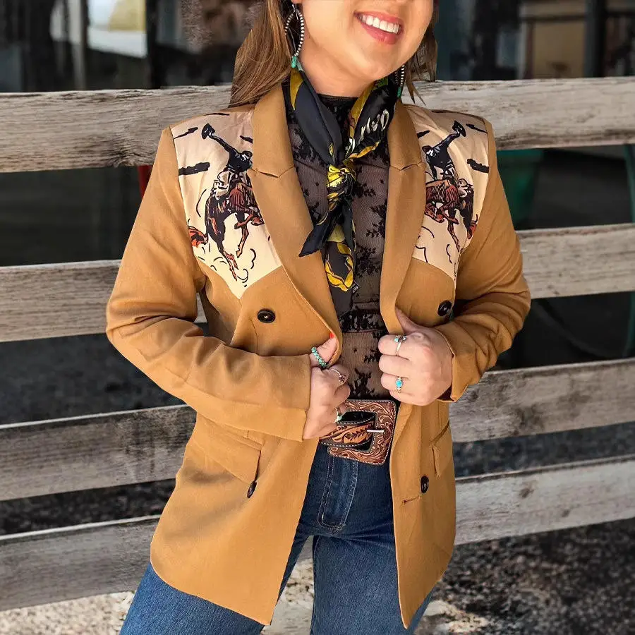 

Women's Long Sve Digital Print Jaet with ket Suit Collar Faionable Office Wear Polyester Fabric Autumn 2024