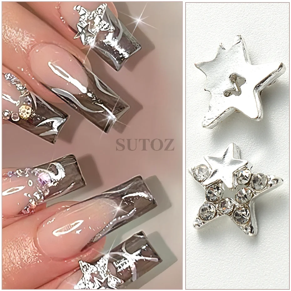 3D Star Rhinestones Nail Charms Y2K Accessories for Acrylic Nails 10Pcs Silver Star Gems Nail Art Decor 3D Nail Supplies LEWEX01