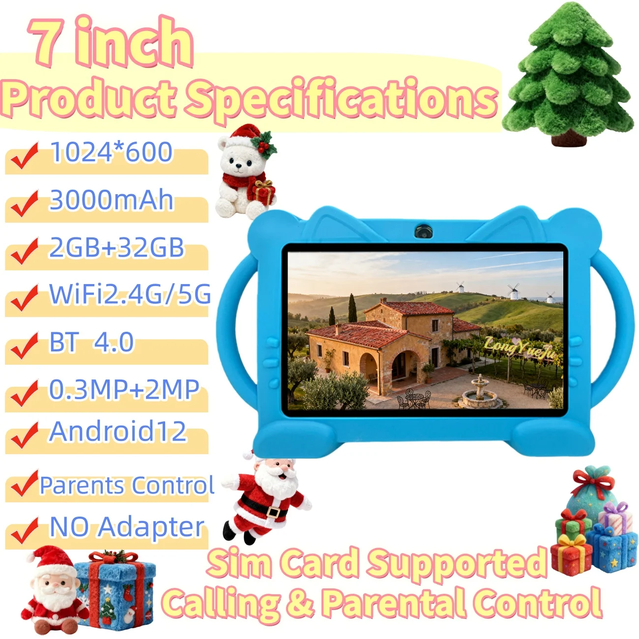 Tablet Android educacional de 7 polegadas, 2 GB + 32 GB, câmeras duplas, tela HD, software iWAWA, controle parental, capa de silicone, azul/rosa