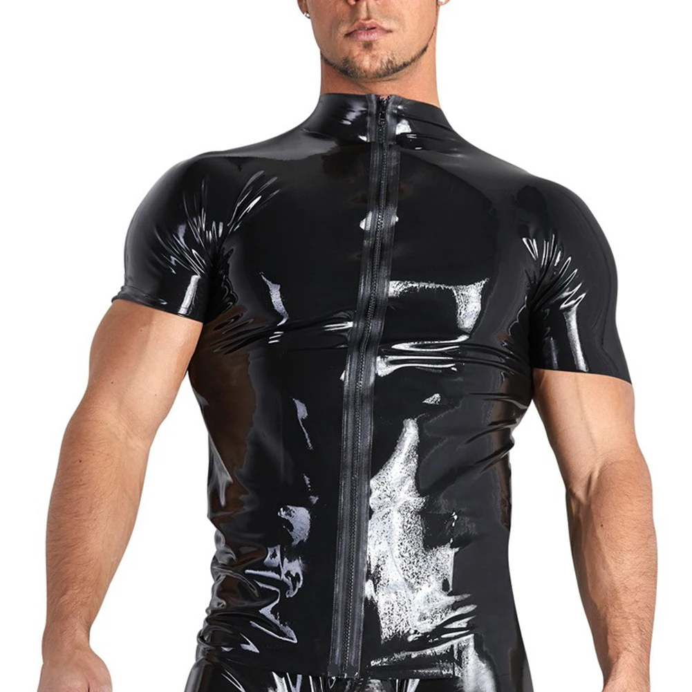 Men Faux Leather Shirt Coat Jacket Tops Short Sleeve Wet Look Zip Blouse Top Unisex Shiny Glossy Streetwear T Shirt Clubwear