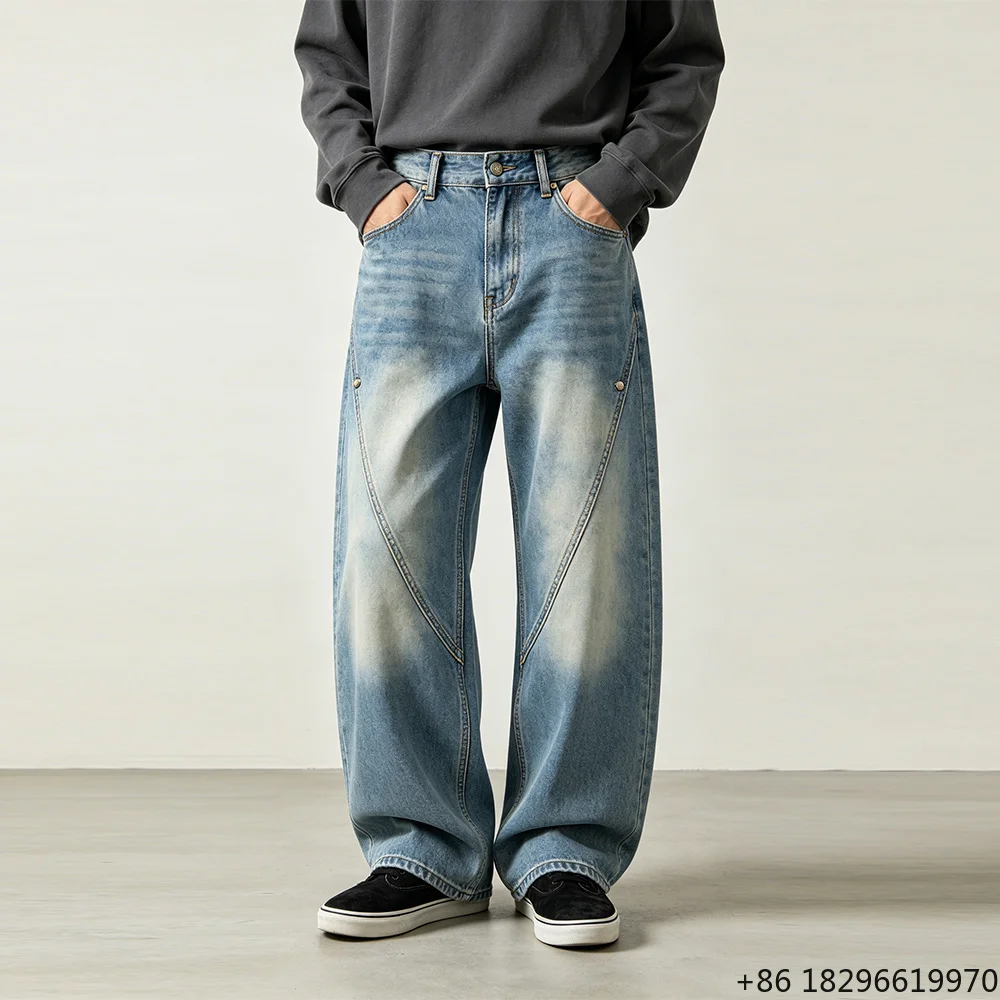 Washed Denim Jeans Baggy Wide Leg Pants Curved Seam Panel Contrast Stitching Apparel Factory