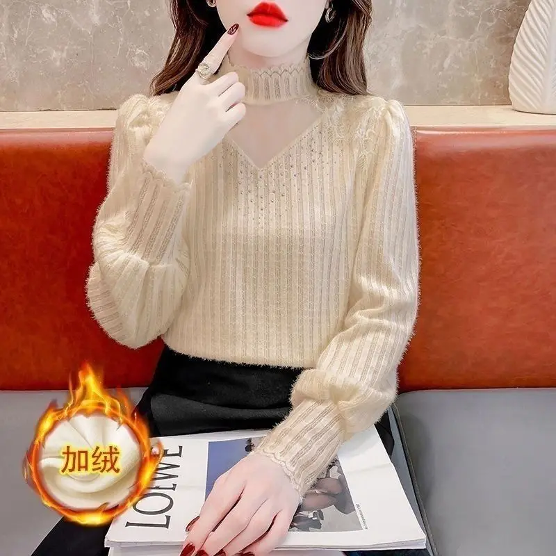 Half Turtleneck Brushed Lace Bottoming Shirt Women\'s Fashion Retro Top Autumn and Winter New Style Foreign Style Noble Pullover