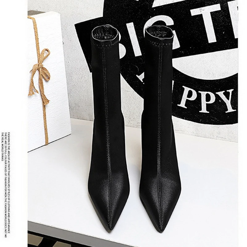 

BIGTREE Spring High Quality Soft PU Leather Boots Women Pointed Toe Fashion Black Ladies Thin Heels Party Shoes Zapatos Mujer