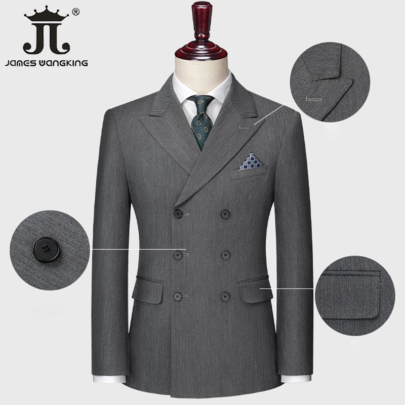 ( Jacket + Vest + Pants) Senior Gray Men\'s Suit 3 Piece Slim Prom Tuxedo Business Casual Formal Workwear Groom Wedding Dress 5XL