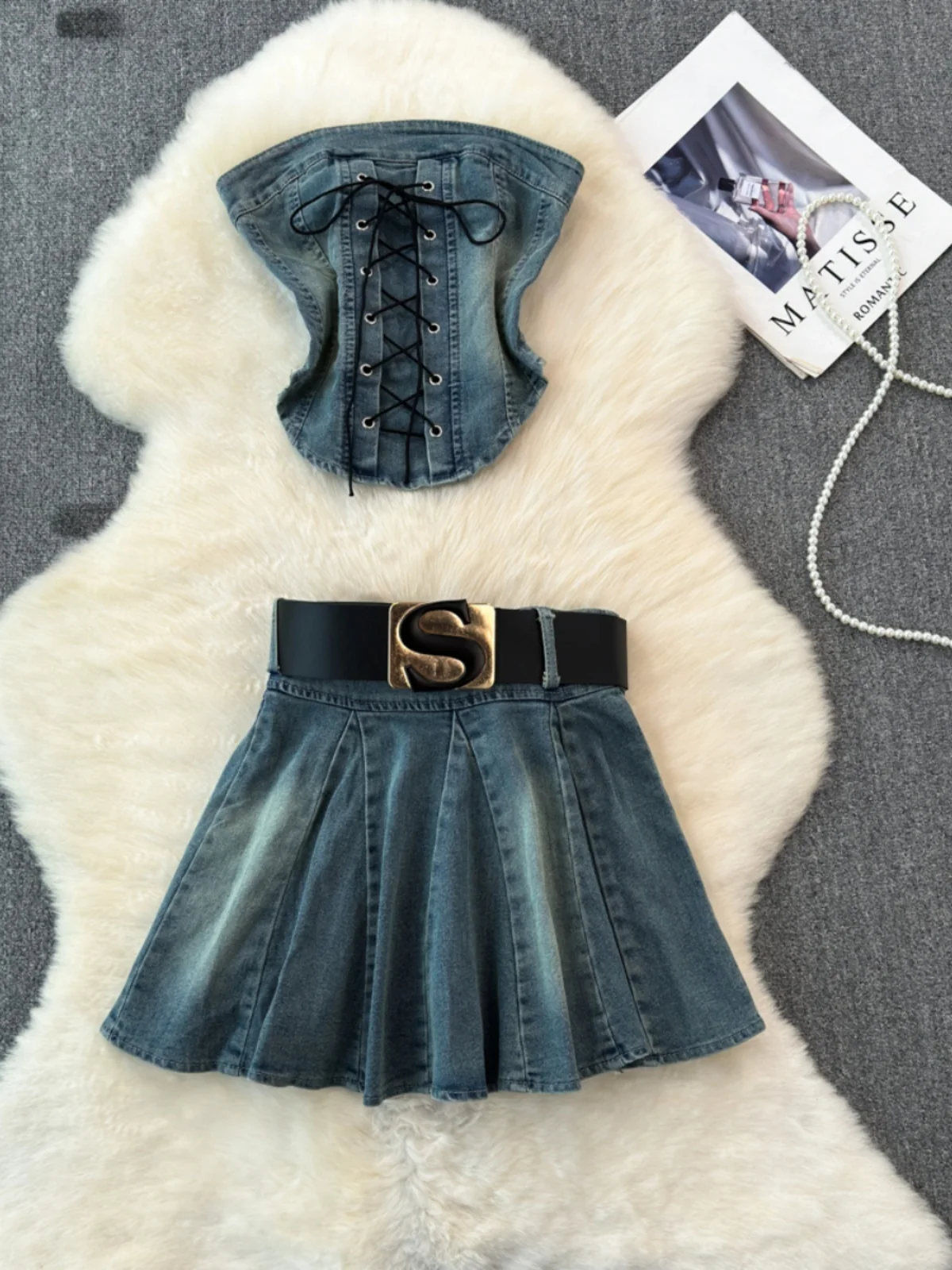 Retro อเมริกัน DENIM ชุดผู้หญิงเซ็กซี่สาวเผ็ดด้านบน + Anti-Light A-Line เผ็ดสาวจีบกระโปรง 2 ชิ้นชุด Faionable