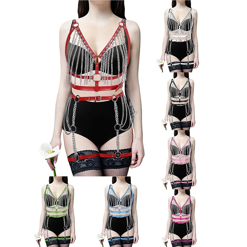 

Women Leather Body Chain Set Punk Black Tassel Chest Waist Belly Thigh Chains Bra Jewelry Accessories Gothic Party Rave Cosplay