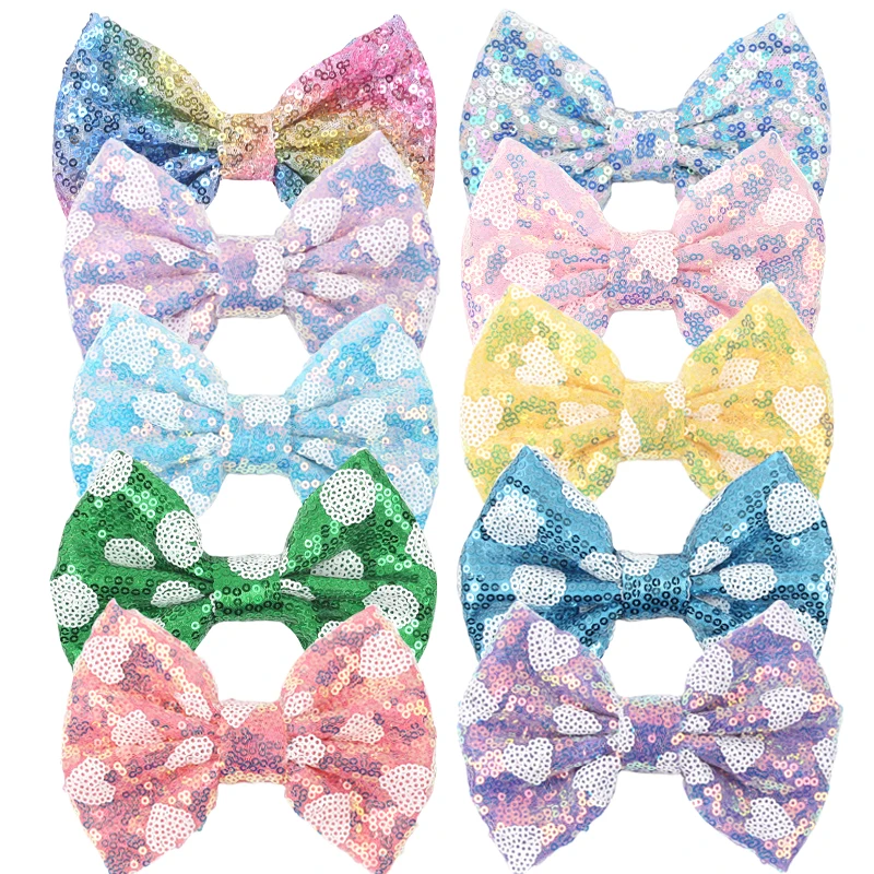 

12Pcs/Lot Candy Color Sequins 5"Bow With/Without Clips Girls Glitter Hairpins Women Festival Party DIY Hair Accessories Gift
