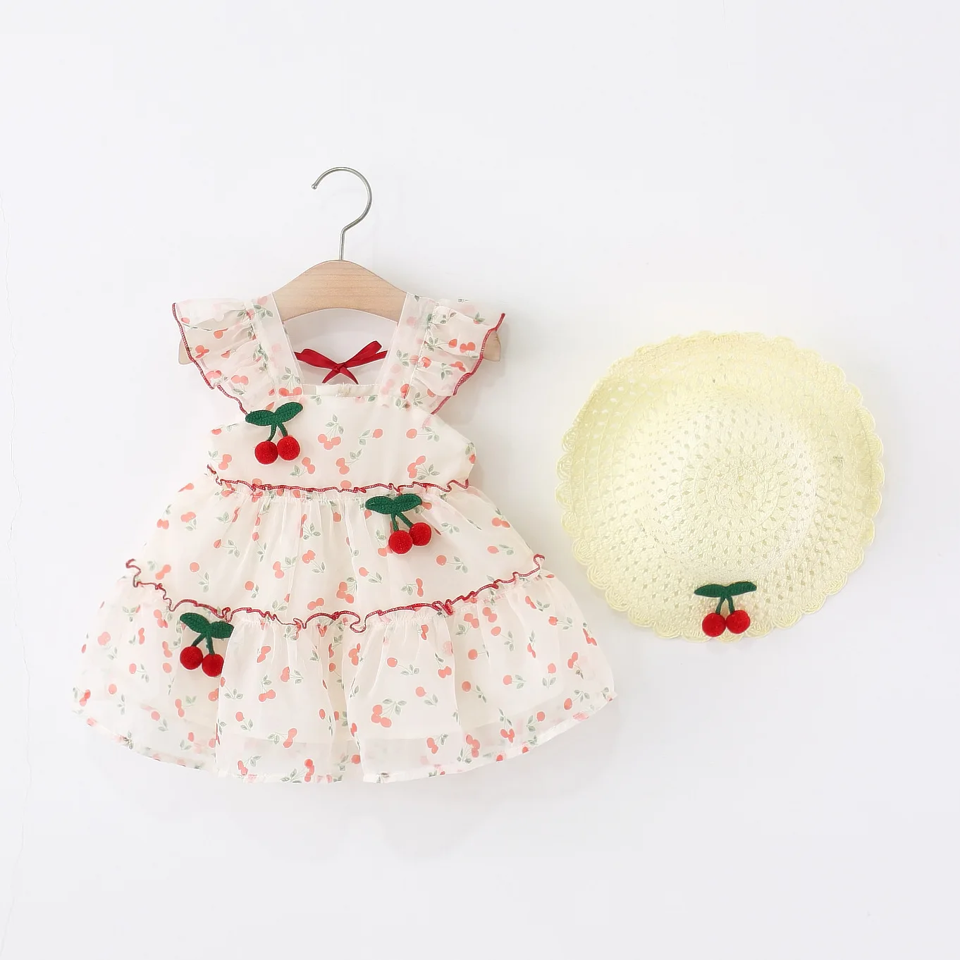 

Girls' Dress, Children's Summer Korean Style Cherry Chiffon Dress, Baby Girl's Flying Sleeve Princess Dress