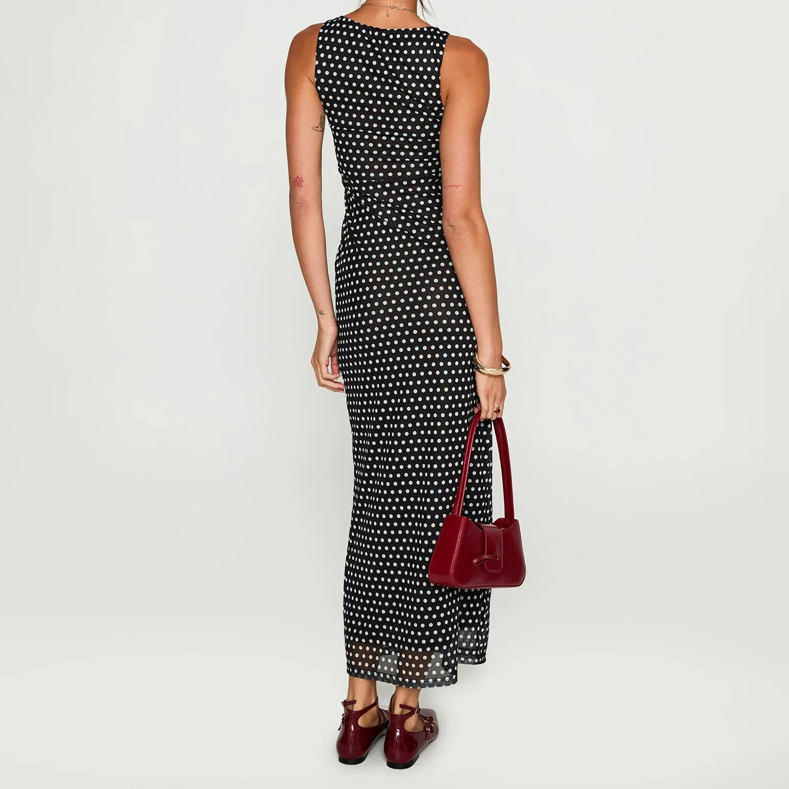 Elegant Women's Summer Long Tank Dress Dot Print Sleeveless Slim Fit Chiffon Dress for Party Casual