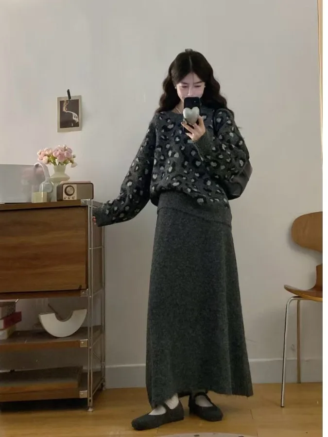 

plus Size Women's Soft round Ne High Waist Leopard Print Sweater Skirt Set Comfortable Faion Autumn Winter Outfit Korean ...