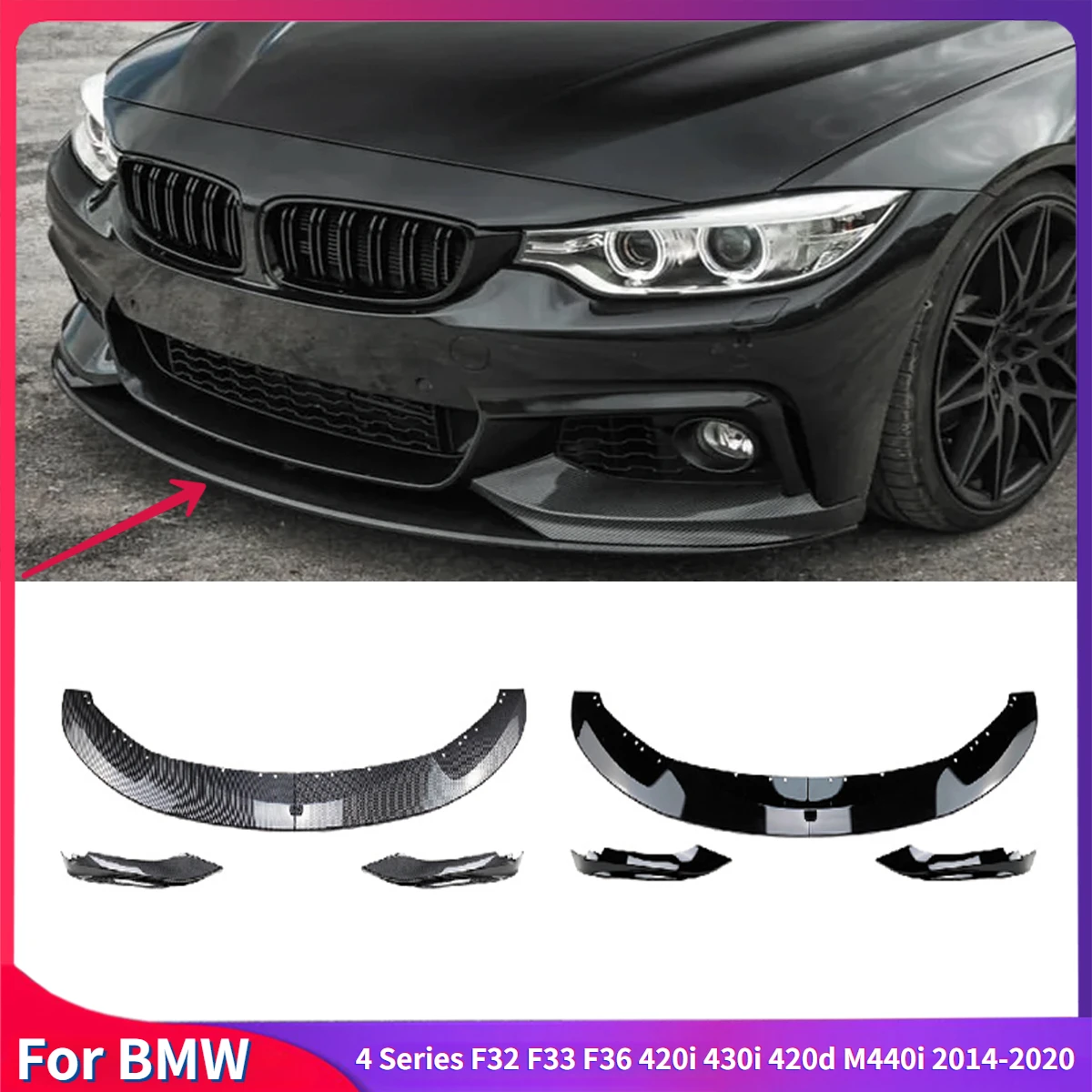 4Pcs Front Bumper Lip ABS Splitter Lip Diffuser Kits Spoiler Bodykit For BMW 4 Series F32 F33 F36 420i 430i 420d M440i 2014-2020