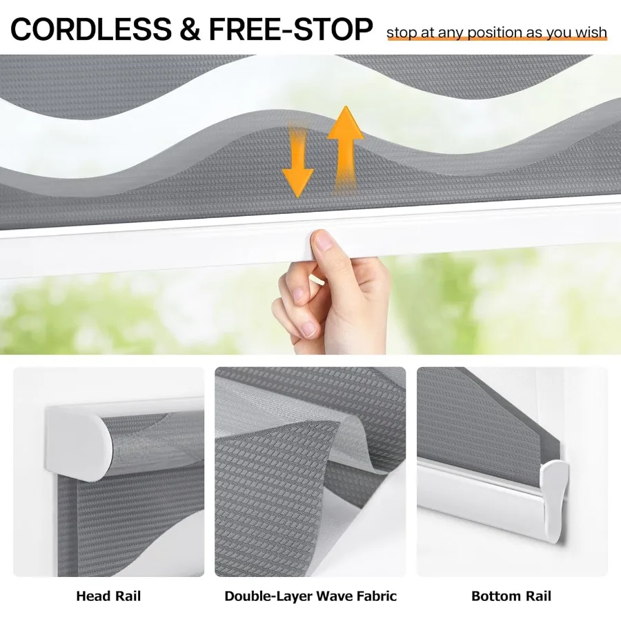 ستائر حمار وحشي لاسلكية بدون مثقاب للنوافذ الداخلية، طبقة مزدوجة للتحكم في الضوء، ظلال دوارة لتصفية الضوء ليلاً ونهارًا #3