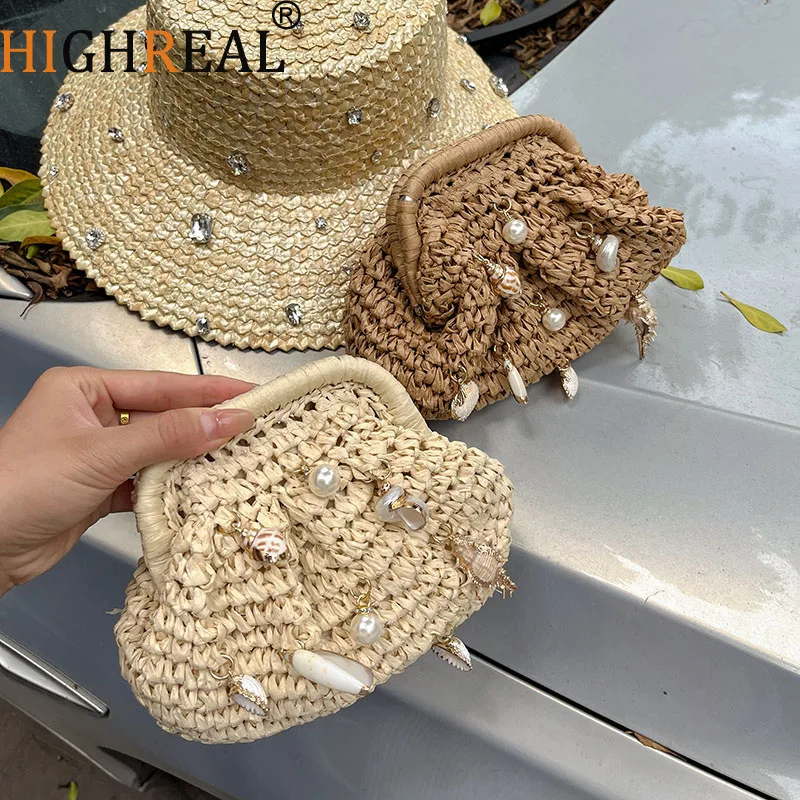 

Bohemian Conch Shell Straw Bag Handmade Woven Clip Shoulder Crossbody Bag Luxury Pearl Beach Bags for Women Handbag Pouch Clutch