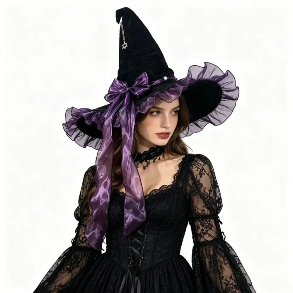 Satin Bow Halloween Hat Lace Veil Lolita Witch Hat Tall Pointed Cone Top Sparkling Stars Masquerade Cap Masquerade Ball
