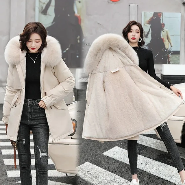 Thicken Warm Fleece Winter Trench Coat For Women Plus Velvet Fur Collar Hooded Jacket Female Loose Snow Wear Overcoat M-3XL