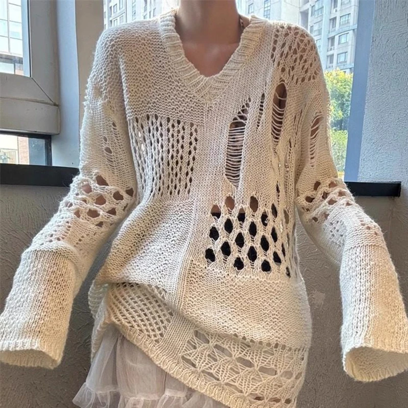 

Корейский стиль 2026: Новинка Весна-Лето, модный женский пуловер с V-образным вырезом, длинными рукавами и ажурным вязаным узором, свитер T86