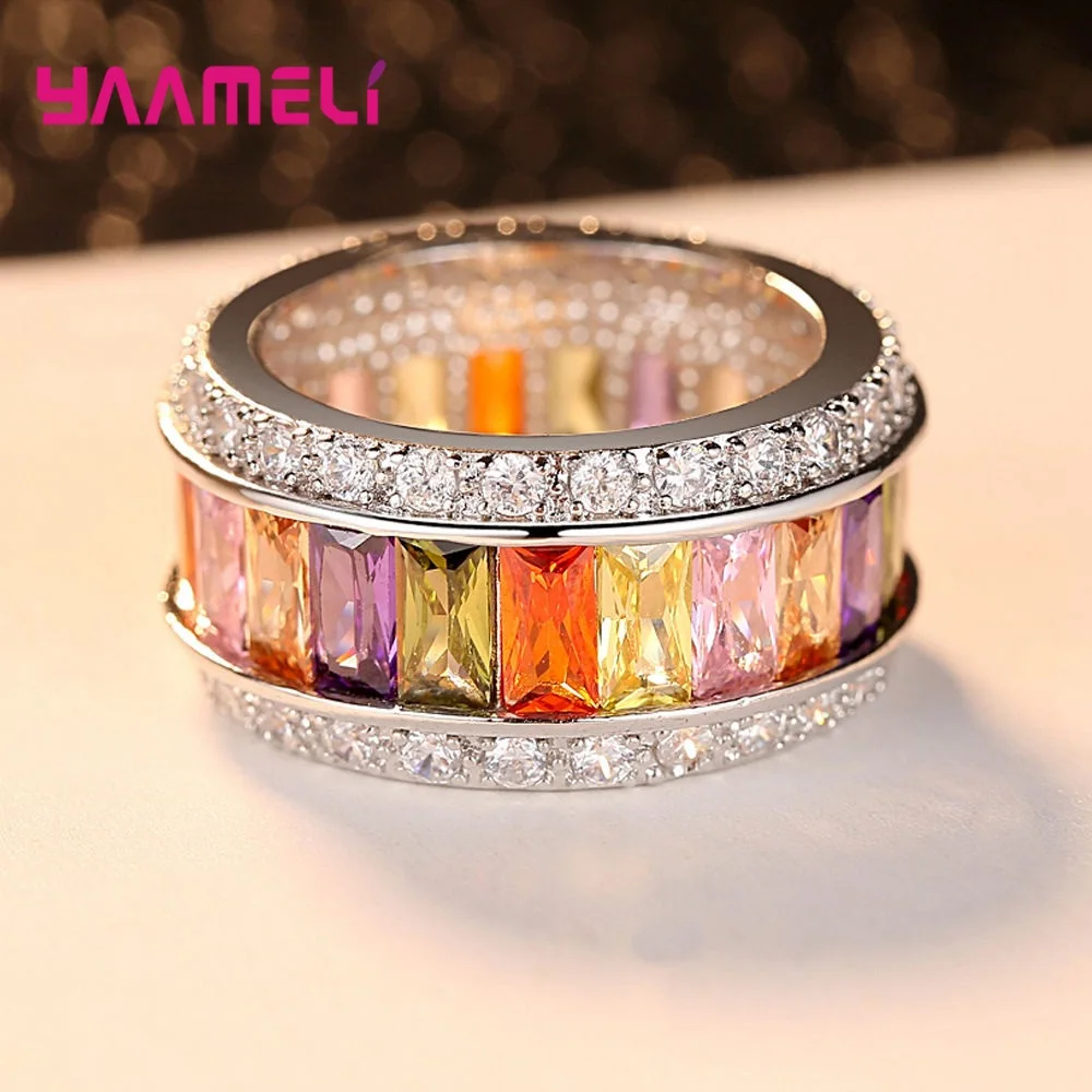 Ring for Women Ladies Statement Wide 925 Sterling Silver Band Baguette Princess Cut Rainbow Cubic Zirconia Jewelry Drop Shipping