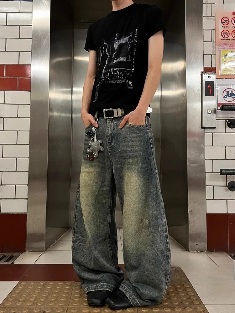 

American Retro Washed Yellow Mud Blue Bend Knife Jeans Men Loose Wide Leg Casual Scythe Baggy Pants Youth Summer Jeans