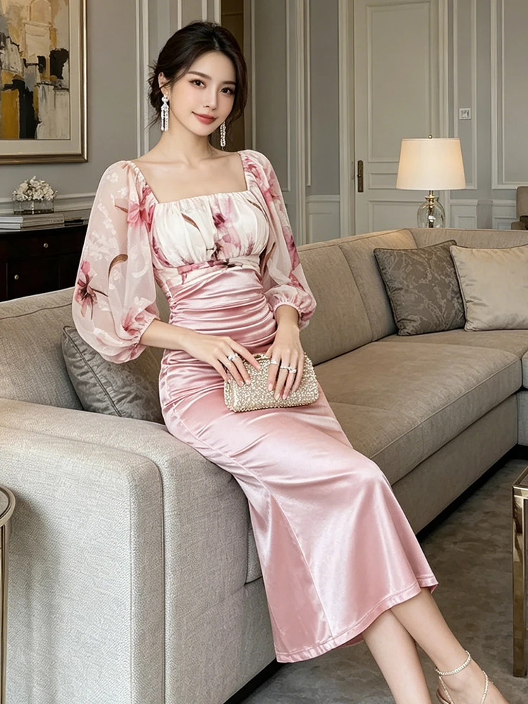 Summer Elegant Pink Floral Square Neck Midi Dress Chiffon Satin High Waist Bodycon Vestido Robe Formal Cocktail Party Gown Daily view 5
