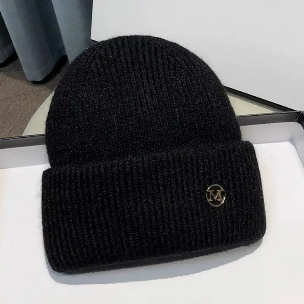 

Winter Women Knitted Hat Stretchy Folded Brim Thickened Ear Warm Daily Wear Cap Outdoor Skiing Skating Headwear
