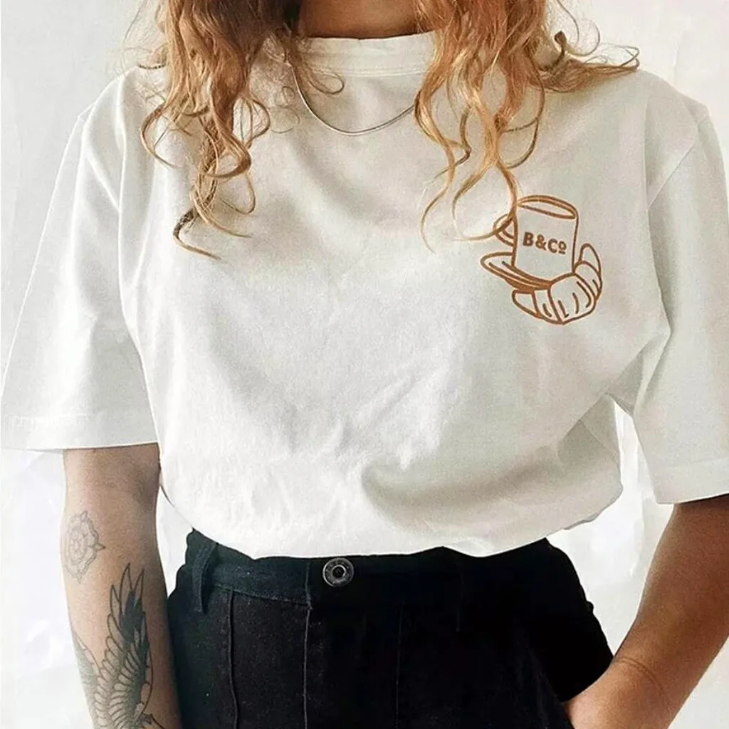 Summer New Coffee Lover's Printing Graphic Tees Unisex White Cotton Loose Casual Tops Vintage Tumblr Fashion Round Neck T Shirts
