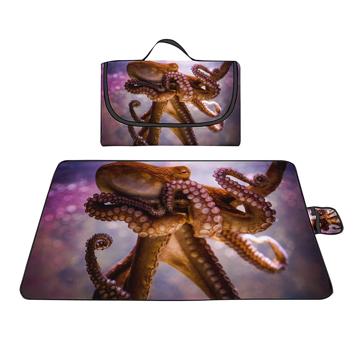 Outdoor Picnic Blanket,Ocean Octopus Soft Portable Beach Mat Compact Tote Bag,Foldable Machine Washable Rug for Camping Hiking