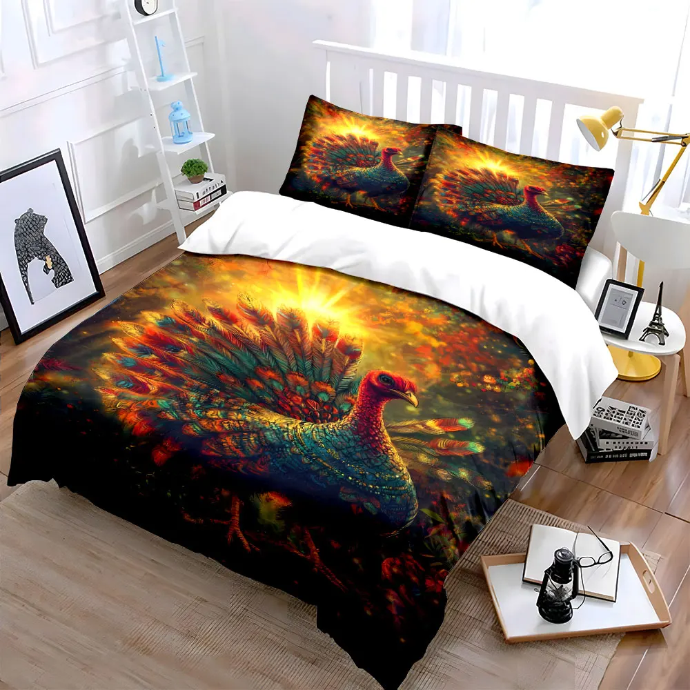 3Pcs Autumn Wild Turkey Duvet Cover Set, Sunlit Fall Forest Nature Bedding with 1 Duvet Cover 2 Pillowcases King Queen, Gift