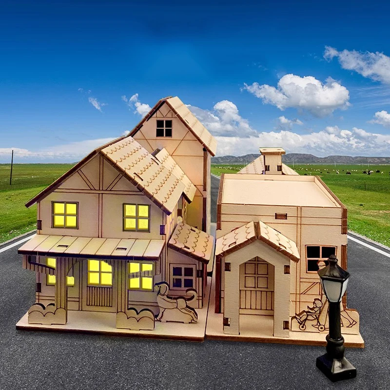 Modello di puzzle in legno 3D Natale LED Luce Casa in legno Cabina luminosa per la decorazione domestica Casa di tronchi Decorazione della finestra regalo fai da te