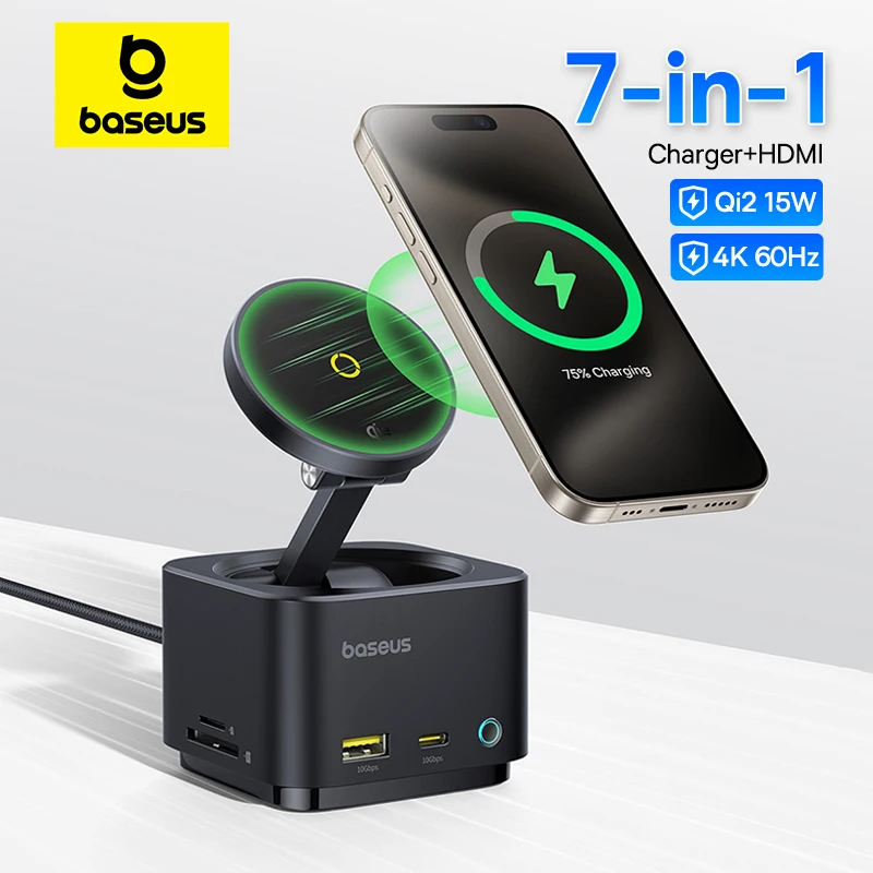 Baseus Magnetic Wireless Charger for iPhone 16 15 Pro Max MagSafe Qi2 15W Fast PD USB Hub 4K 60Hz USB 3.1 SD TF Phone Charger