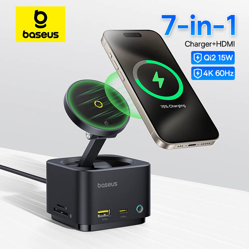  Baseus Magnetic Wireless Charger Qi2 15W for iPhone 17 Air 16 Pro Max MagSafe Fast PD HUB HDMI 4K60Hz USB3.2 SD TF Phone Charger 