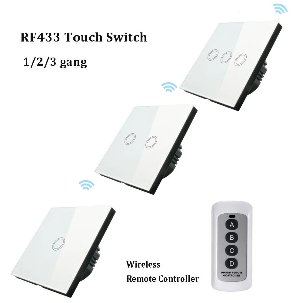 

1/2/3-местный сенсорный настенный выключатель 433 МГц, выключатели света со стеклянной панелью, стандарт ЕС и беспроводной пульт дистанционного управления RF433