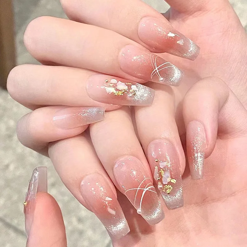 24 stücke lange Katzenauge Rouge drücken auf Nägel zum Kleben koreanischer Stil geklebte falsche Nägel Acryl Stick-On Nägel Set Finger Nail Art