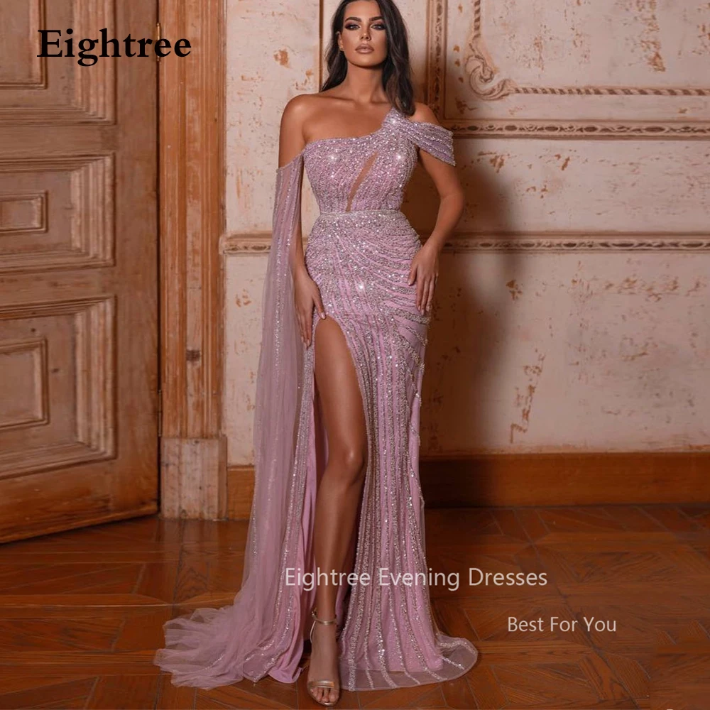 Eightree Shiny Pink Party Dress Luxury Sequined Prom Dresses One Shoulder Glitter Evening Gowns Sexy High Split Arabic Celebrity