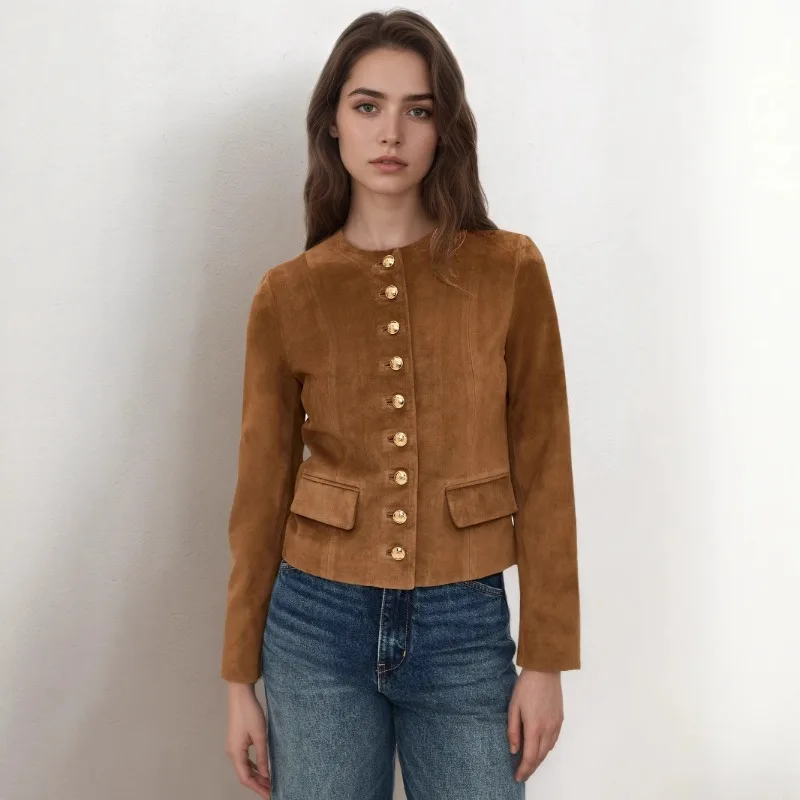 سترة من جلد الغزال البني واحدة الصدر س الرقبة سترة نسائية أنيقة ضئيلة Offce سيدة يتوهم 2025 الخريف في معاطف قصيرة جديدة فاخرة