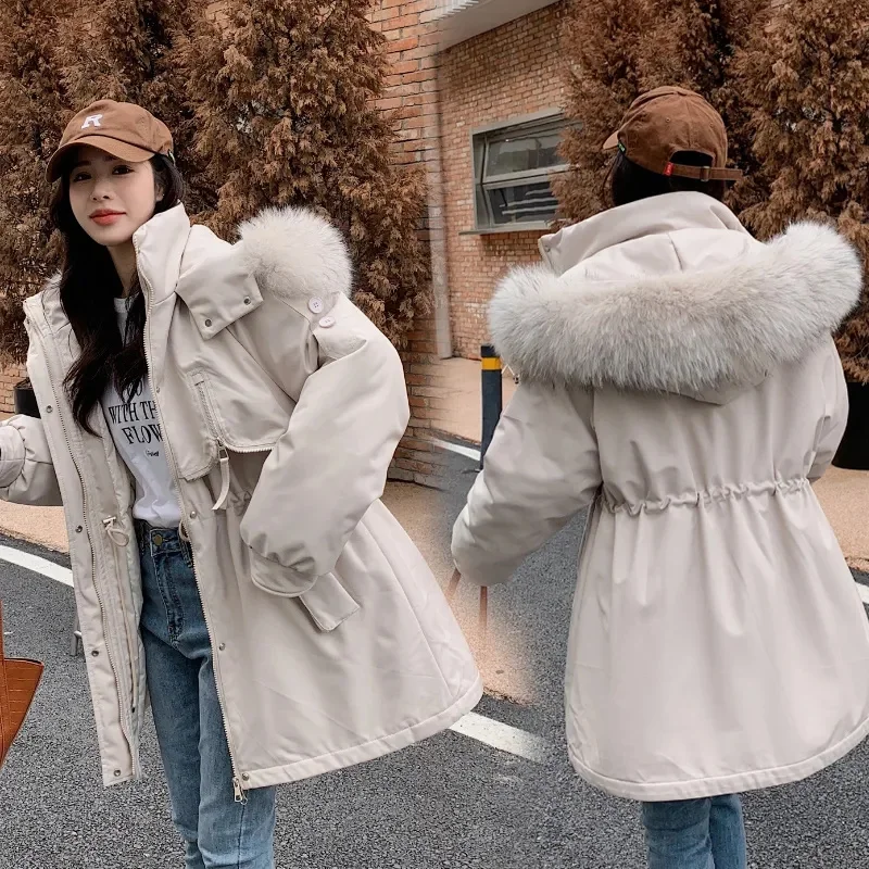 Parka longue matelassurera pour femme avec doublure en laine, veste à capuche, col en fourrure, optique chaude, vêtements de neige, hiver, nouveau,