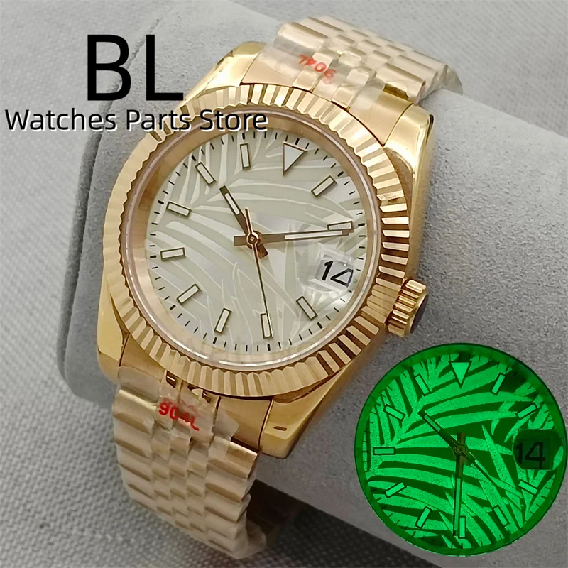 BLIGER 36mm/39mm Palm Leaf Luxury Automatic Watch For Men NH35A Mechanical Waterproof Clock Two tone Rose Gold Fluted Bezel Sapp