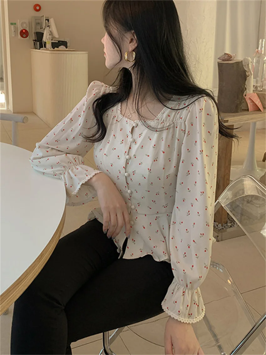 Alien Kitty Chic Korean Square Collar High Waist Florals Slim 2022 Streetwear Sweet Blouses All Match Women Cute Short Shirts