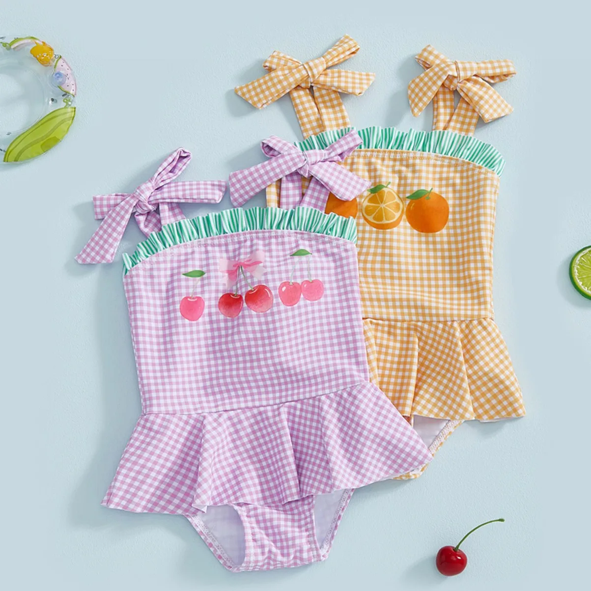 Baby Girls One-piece Swimsuit Kids Sleeveless Cute Cartoon Fruit Sun-protective Lace-up Sweet Swimwear Toddler Bathing Costume