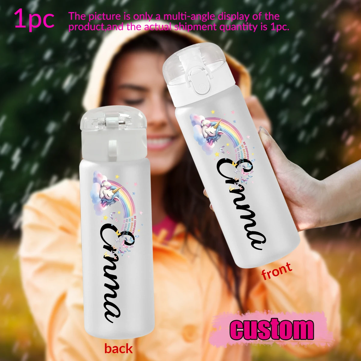 1pc Customized Cartoon Unicorn Pattern Cup 780ml/26oz Outdoor Travel Plastic Water Bottle with Rope Back-to-School Season Gift