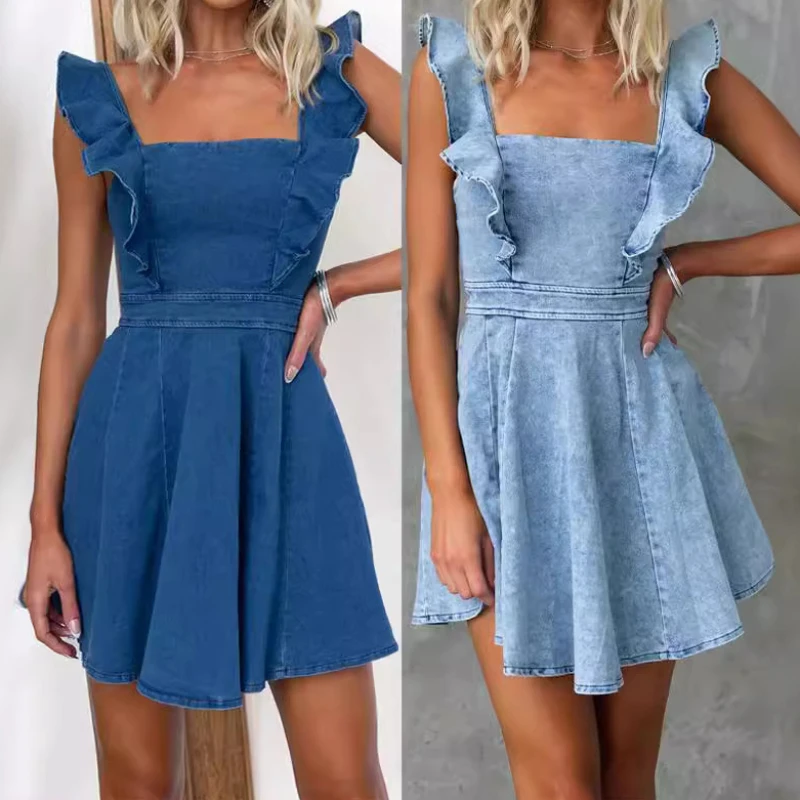 

Women Dress Splice A Line Mid Length Denim Dresses Casual Jeans Blue Slash Neck Fly Sleeve Y2k Backless Vestidos 2024 Summer