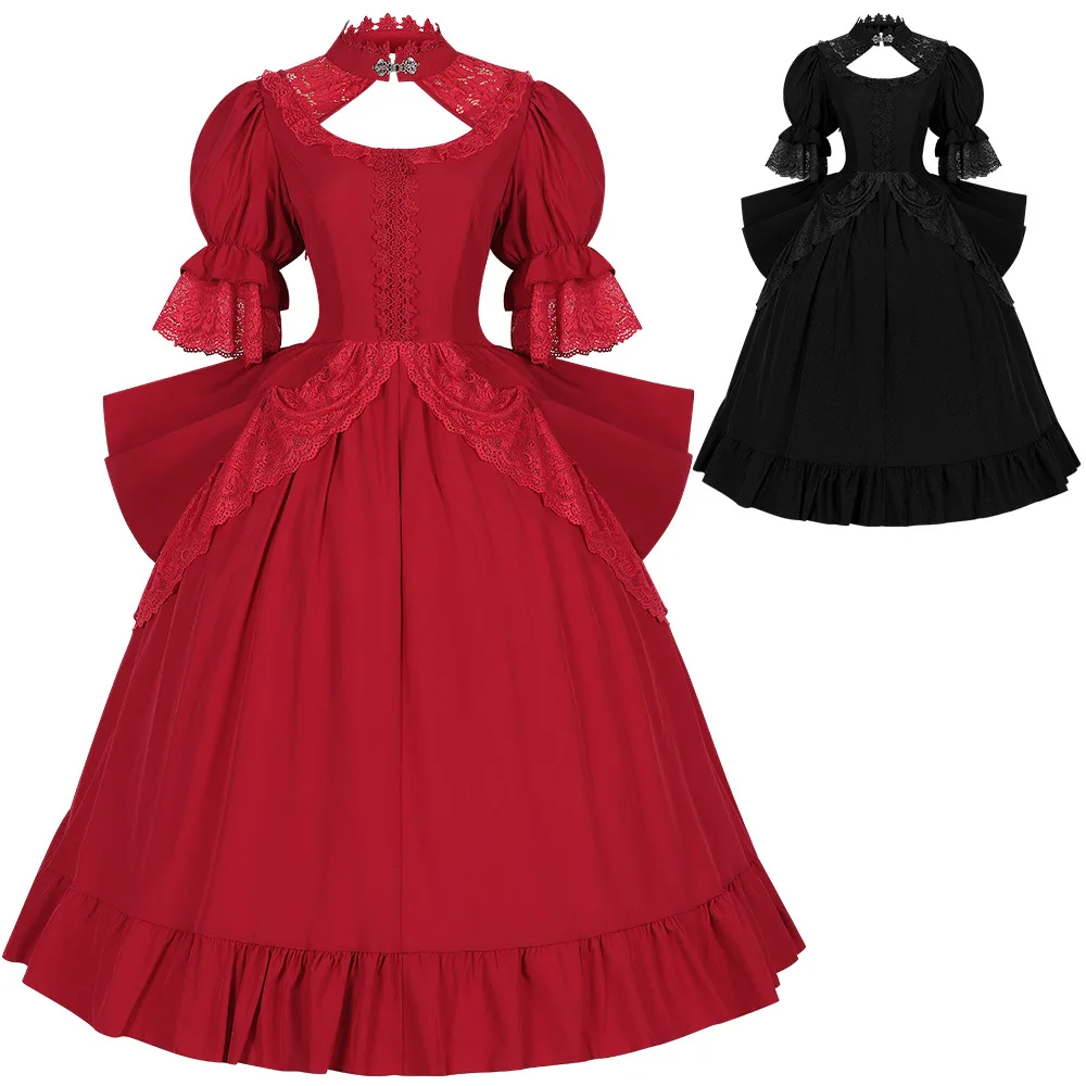 

Women Halloween Cosplay Costume Short Sleeve Plus Szie Gothic Vintage Lace Light Lolita Dress Solid Black Prom Costume