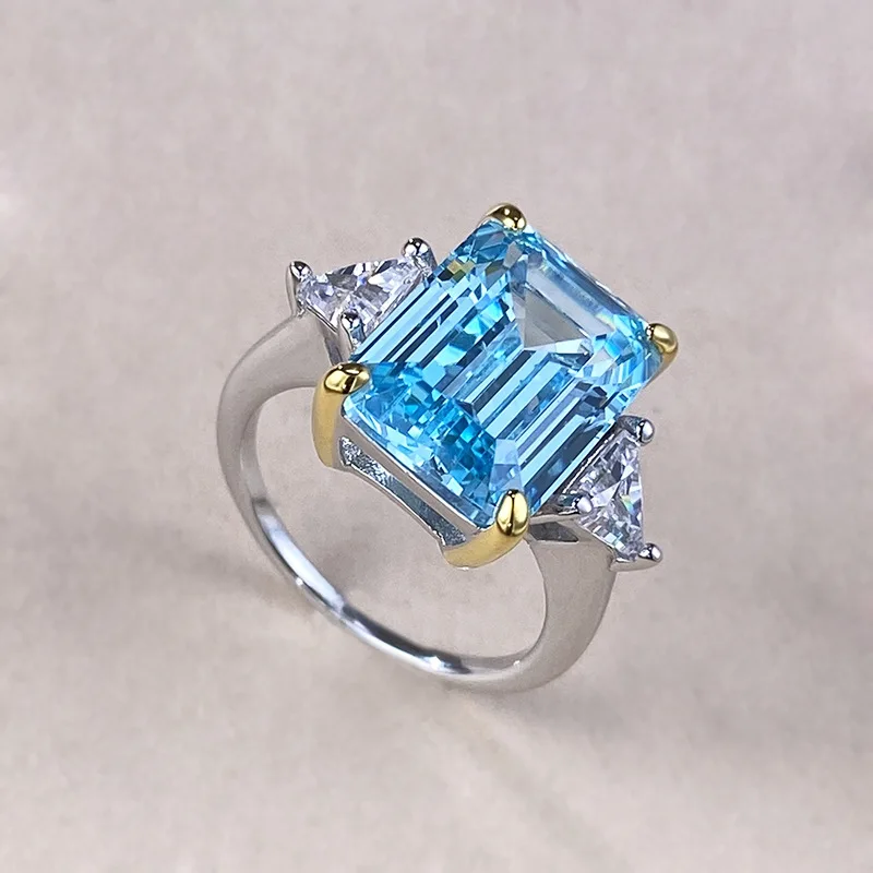 OEVAS 100% 925 Sterling Silver 10*14mm Aquamarine High Carbon Diamond Rings For Women Party Fine Jewelry view 5