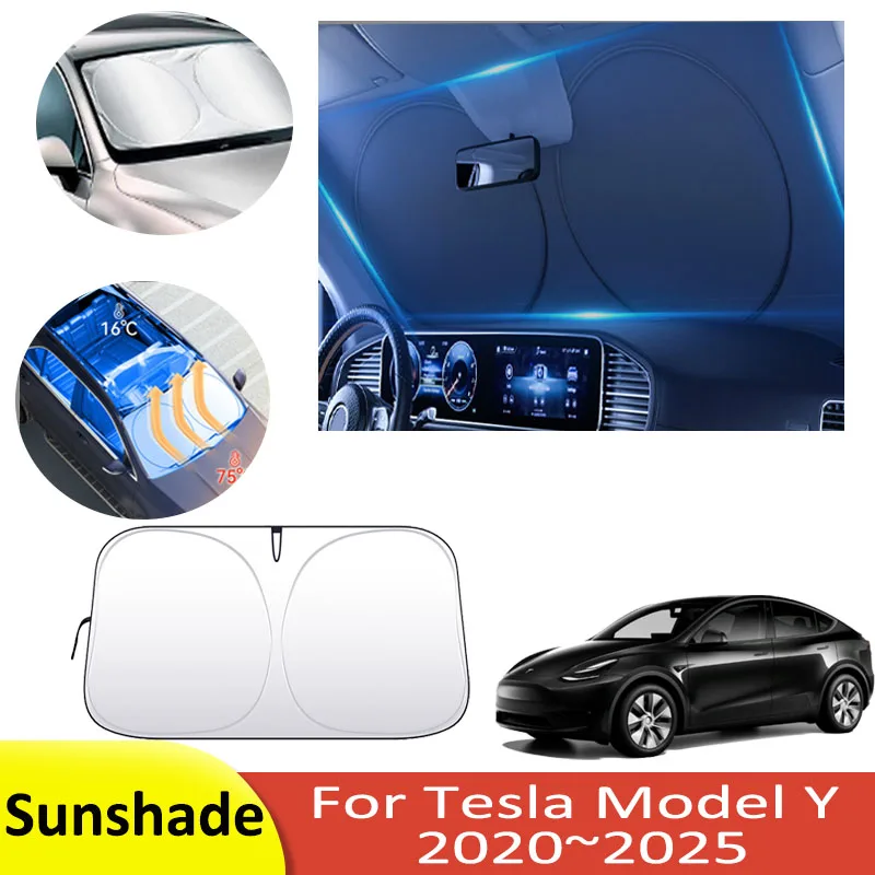 

Car Sunshade For Tesla Model Y 2020~2025 2023 2024 Sun Protection Heat Insulation Front Windshield Sunshade Shade Accessories