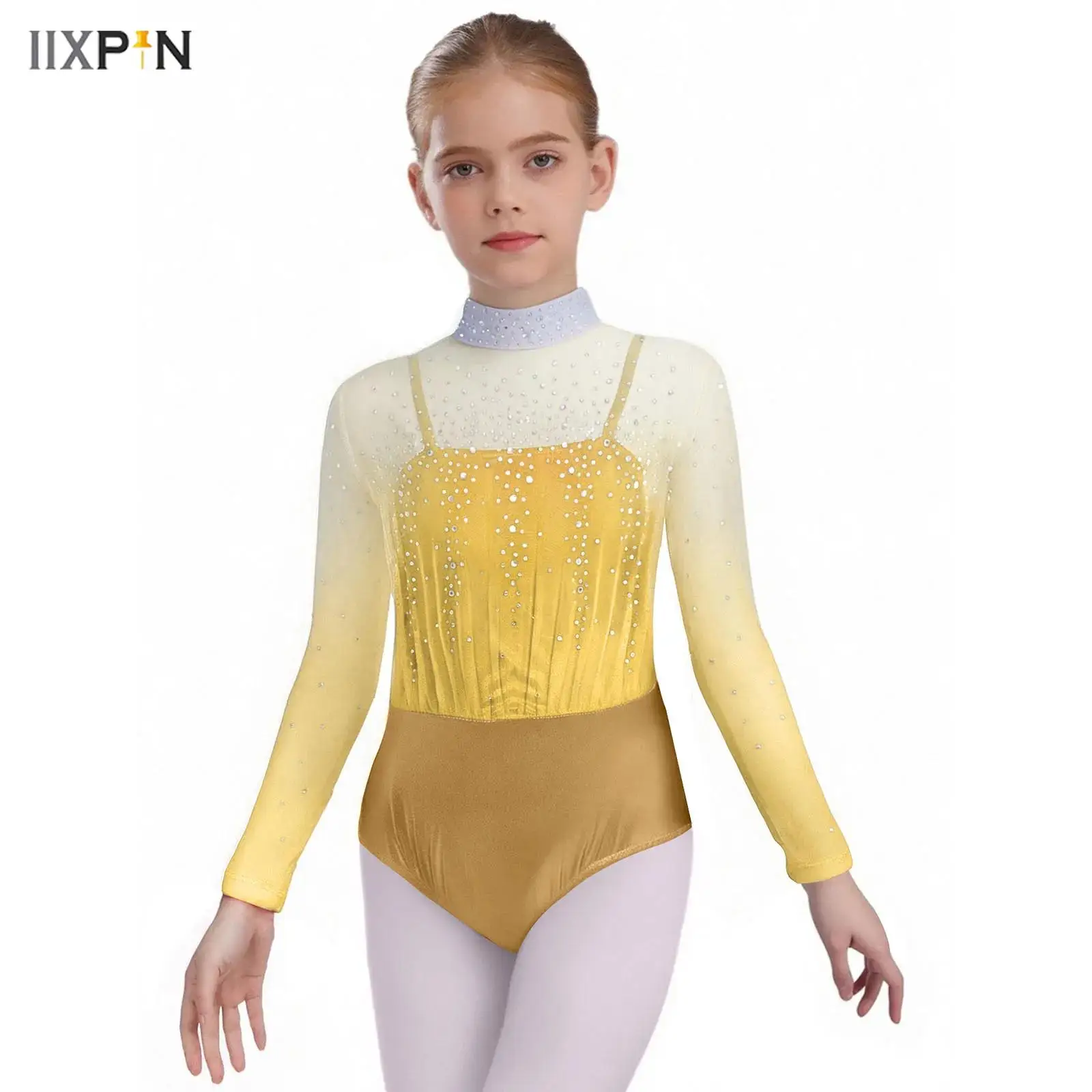 

Kids Girls Skating Gymnastics Dance Leotard Spaghetti Straps Long Sleeve Metallic Shiny Rhinestones Sheer Mesh Bodice Bodysuit