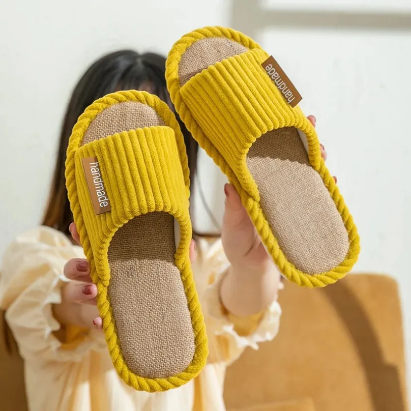 House Striped Slippers Women Autumn Linen Flip Flops Couples Indoor Non Slip Sandals Cartoon Home Guest Shoes male Flat Flax