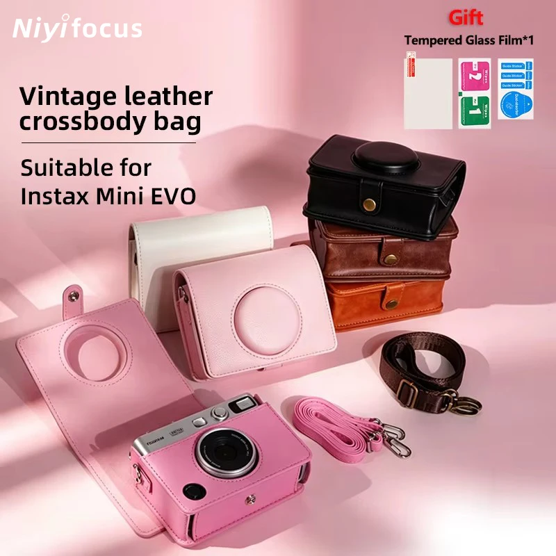 Vintage PU-Leder Umhängetasche Vollständig Abdeckende Sturzsichere Schutzhülle mit Schultergurt für Fujifilm Instax Mini EVO Kamera