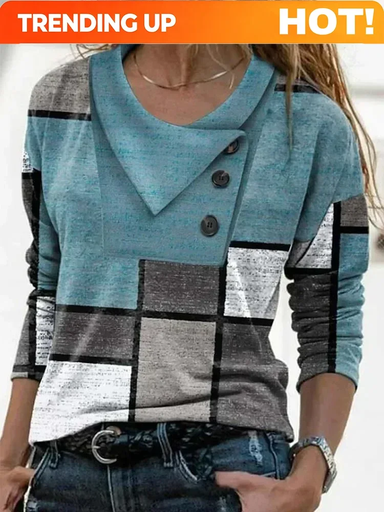 Fashion Geometry Print T-Shirt Women Casual Autumn Button Long Sleeve Tops Chic Circle Decoration Tees 3XL